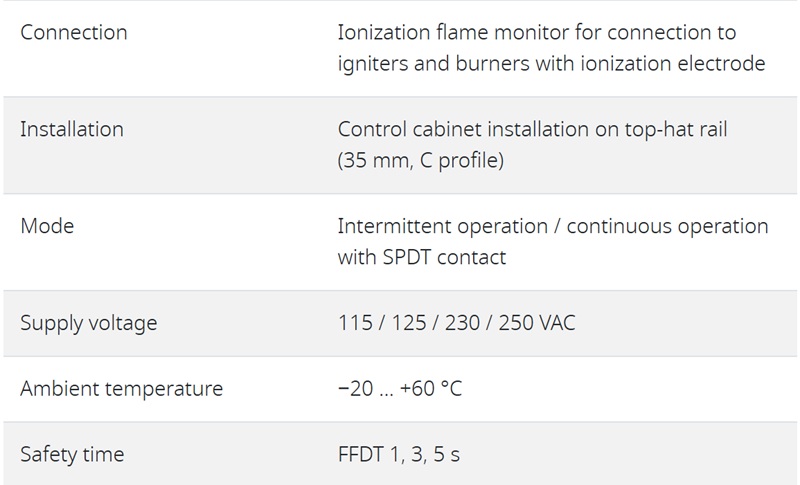 Parameter, Saacke AAL 76 Ionization flame monitor