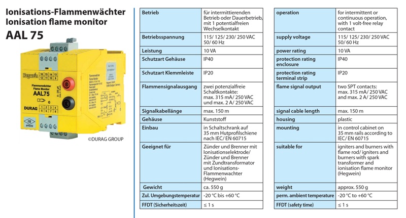 Parameter of Hegwein AAL 75 Ionization flame monitor